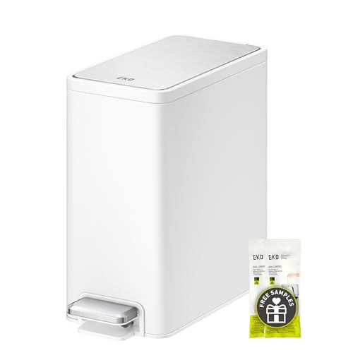 EKO Slim Small Bathroom Trash Can with Lid, Stainless Steel Small Garbage Can with Removable Inner Bucket, 6L / 1.6 Gal, Step On Trash Bin (White) - color: White, size: 6L