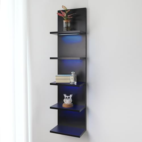 5 Tier Wall Shelf Unit, RGB Lack Shelf, Vanity Shelves with Light,Black Shelves for Room,Office,Bathroom,Remote Control - color: 5 Tier Rgb Black
