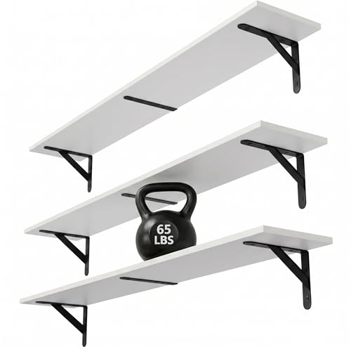 WOPITUES Floating Shelves for Wall 40″W x 8″D, Long Wall Mounted Shelves Set of 3, Wood Book Shelves Decor, Farmhouse Display Shelf for Bedroom, Living Room, Laundry Room, Kitchen, Bathroom, White