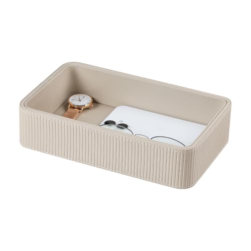 PU Leather Valet Tray Organizer, Small Nightstand Organizer Bedside Desktop Storage for Womens and Men, Perfume Trinket Catchall Vanity Tray for Key Watch Wallet (Beige, Rectangular) - color: Beige