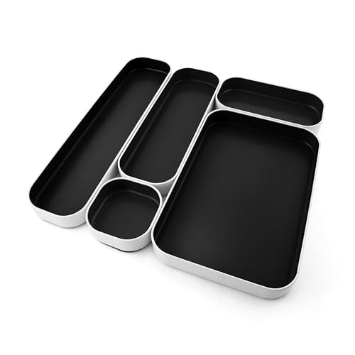 Three by Three Seattle 5 Piece Metal Organizer Tray Set for Storing Makeup, Stationery, Utensils, and More in Office Desk, Kitchen and Bathroom Drawers (1 Inch, Black) - color: Black, size: 5 Piece