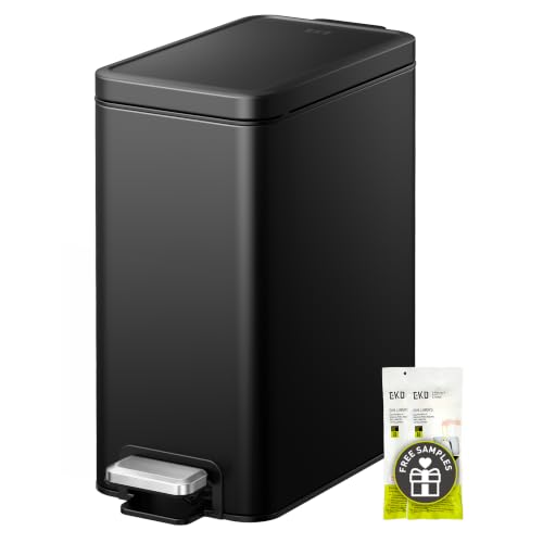 EKO Small Bathroom Trash Can with Lid Soft Close, Step Pedal, 10 Liter / 2.6 Gallon Stainless Steel Garbage Can with Removable Inner Bucket, Anti-Fingerprint Finish (Matte Black) - color: Matte Black, size: 10L