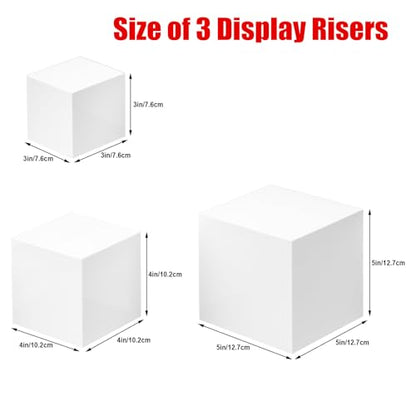 Clisela 3pcs Acrylic Cube Display Stands Box Risers White 3" 4" 5" | Food Risers for Buffet Table w/Hollow Bottoms, Decorative Display Stand Shelf for Dessert Collectibles Jewelry Figures Show - size: (3,4,5)"- White