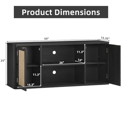 LEYAOYAO Rattan TV Stands for Living Room, Boho Entertainment Center with Storage and Open Shelf, Wood Media Console for 50-65 Inch TV, Black