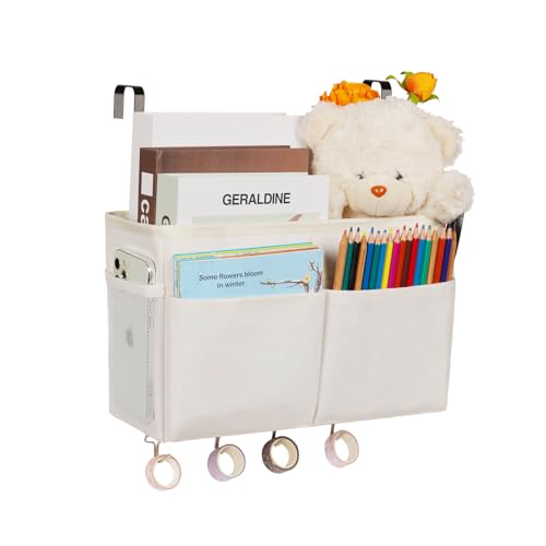 Bedside Storage Organizer 5 Pockets with 4 Hooks Hanging Storage Bag for Headboards/Bunk Bed (White) - color: White