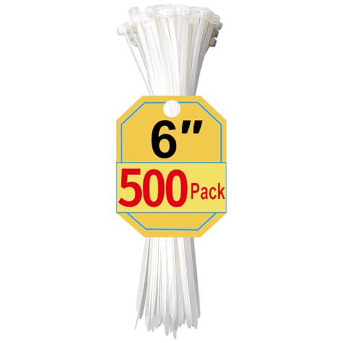 Zip Ties 6 Inch, 500 Pack, White Cable Ties for Multi-Purpose, Nylon/Plastic Wire Ties for Home Improvement, Office & Outdoor Use (Clear-Colored Style), 25lb Tensile Strength. - size: 6" (500 Pack)