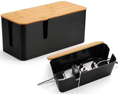 ZhiYo Cable Management Box, Power Strip Organizer, 2 Pack (L & XL), Black | Fits Power Strips Up to 13.4" Long, Natural Bamboo Lid, Extra-Tall Design for Oversized Adapters, Ideal for Desks, TV Areas - color: Black, size: Extra Large + Large