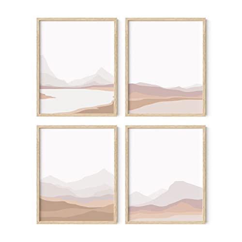 HAUS AND HUES Mountain Wall Art - Set of 4 Mid-Century Modern Landscape Decor, Nature & Modern Art Wall Art | Beige Framed 8x10 - color: Blush Mountain Landscape, size: 8x10, style: Beige Framed
