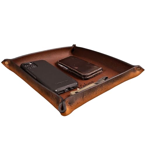 Valet Tray – Full-Grain Leather Catchall Organizer for Keys, Phone & Wallet – Rustic Nightstand & Desk Tray with Raised Sides – Handmade in USA (Vintage Brown, Medium Square) - color: Vintage Brown, size: Medium Square
