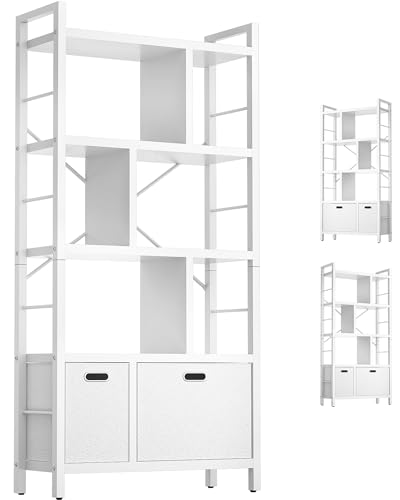 Armocity Bookshelf with Drawers - 5 Tier Tall Bookcase Geometric Modern Book Shelf Display Standing Bookshelves with Storage for Living Room, Bedroom Home Office, White - color: White
