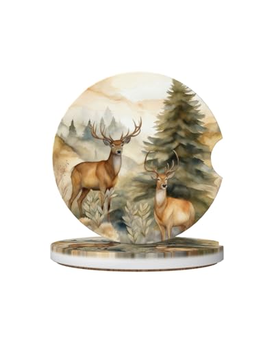 Car Cup Holder Coasters, 2 Pcs Ceramic Coasters with Finger Slot and Cork Back, Anti-Slip Shock Absorbing Women and Men Universal Car Accessories - Artistic Deer - color: Artistic Deer
