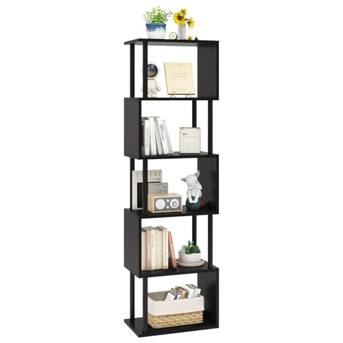IBUYKE 6-Tier Tall Bookshelf,S-Shaped Geometric Bookcase, Wood Display Shelves with Storage,Modern Bookshelf for Living Room Bedroom, Home Office, Black WBC016B - color: Black, size: 6 Tier