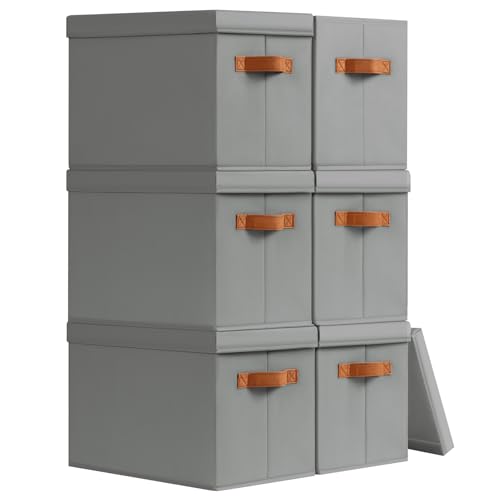 Homsorout Storage Bins with Lids - Fabric Storage Baskets for Shelves, 6 Pack Foldable Decorative Boxes with Handles, Stackable Organizer Bins for Home, Nursery, Dorm, Grey - color: Grey, size: L(6-Pack)