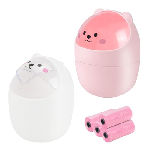 2Pack Small Trash Can with Lid, Cute Mini Trash Can with 4 Rolls of Bin Liners, Tiny Desktop Waste Garbage Bin for Home, Office, Kitchen, Bathroom, Bedroom, Pink & White