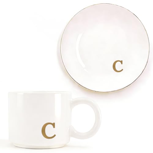 RainVibe Elegant Gift Set for Women – Personalized Monogram Ceramic Mug & Jewelry Tray – 12 oz Gold-Initial Coffee Cup with Gift Box, 4.75" Decorative Dish for Rings, Earrings, Keys (Letter C) - color: Letter C