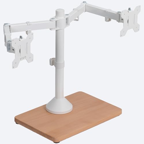 VIVO Freestanding Dual Monitor Stand with Solid Wood Base and Adjustable Arms, Mounts 2 Screens up to 32 inch and 22 lbs Each, White, STAND-V002FD-W - color: White/Wood, size: 13" to 32" Screens