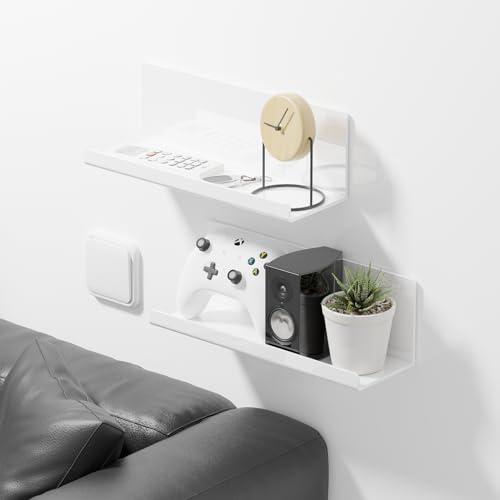 PAVSTINE Acrylic Wall Floating Shelves Set of 2, Wall Shelves White 12 Inch Adhesive Wall Organizer Adhesive Shelf for Bathroom, Kitchen, Bedroom, Office, Gaming Room, No Damage, No Drill - color: White