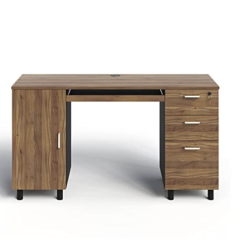 Modern Design Venice Computer Desk with Lockable Drawers, 53 Inch Home Office Desk with Storage Cabinet, Keyboard Tray & Cable Management, Modern Study Writing Desk for Small Spaces, Walnut and Black - color: Walnut Black
