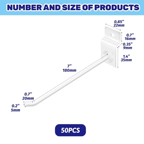 50Pcs 8 Inches White Slatwall Panel Hooks Bulk Set, Metal Slat Wall Hanging Display Hanger Hooks, Pegboard Organizer for Gridwall Garage Shop Retail - color: White, size: 8 inches