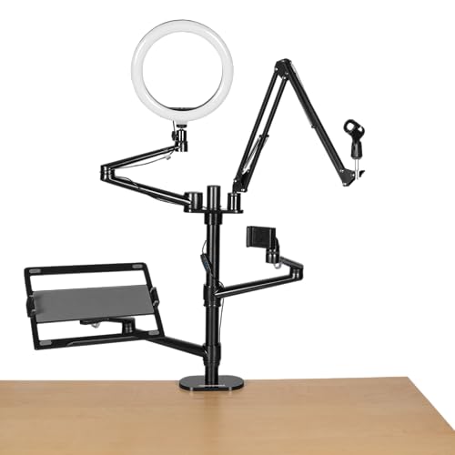 Gator Frameworks 6-in-1 Content Creator and Streaming Desktop Stand Set – Includes Smartphone Clamp, Laptop Clamp, Ring Light, and More! (GFW-STREAMSTAND) - style: Table Mount