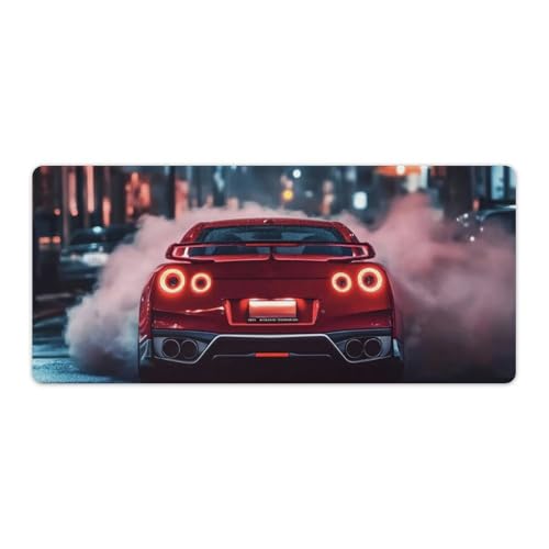 Large JDM R34 Car Mouse Pad, Red Smoke City Desk Mat, Extended Gaming Mouse Pad for Office & Home, Non-Slip Rubber Keyboard Mat Decor 35.4" x 15.7" - color: Red Car, size: 35.4" x 15.7"