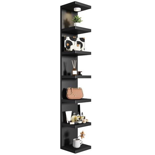 7-Tier Vertical Wall Shelf Unit with USB Rechargeable Led Light (Remote Controlled),Versatile Floating Display Shelves,Lack Style Wall Shelves for Bedroom,Living Room,Office Decor,Vanity-Black - color: Black, size: 7 Tier