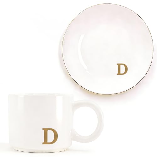 RainVibe Elegant Gift Set for Women – Personalized Monogram Ceramic Mug & Jewelry Tray – 12 oz Gold-Initial Coffee Cup with Gift Box, 4.75" Decorative Dish for Rings, Earrings, Keys (Letter D) - color: Letter D