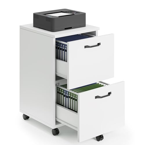 Sweetcrispy 2 Drawer Filing Cabinet White, Rolling Wood File Cabinets, Home Office Organizer, Under Desk Storage Lockable Wheels, Printer Stand, Storage Cabinet, White
