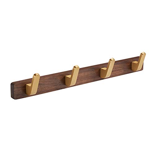 Wall Mounted Coat Rack, Entryway Hanging Coat Rack, Metal Wood Coat Rail with 4 Rustic Hooks Rail for Coat, Scarf, Bag, Towel, Key, Cap, Hat, Walnut Gold Matt - size: 4 Hooks - Curve Shape