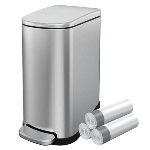 KUK Slim Bathroom Trash Can with Lid, 2.6 Gallon (10 L) Stainless Steel Step Small Garbage Can with Removable Inner Bucket, Soft Close, Anti-Fingerprint Finish (Silver) - color: Silver