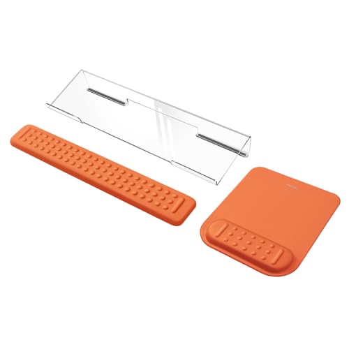 MOSISO Computer Keyboard Stand&Wrist Rest Support for Keyboard &Mouse Pad Set, Ergonomic Massage Wrist Rest Set, Easy Typing Working Acrylic Clear Stand for Office Home, Cosmic Orange - color: Cosmic Orange