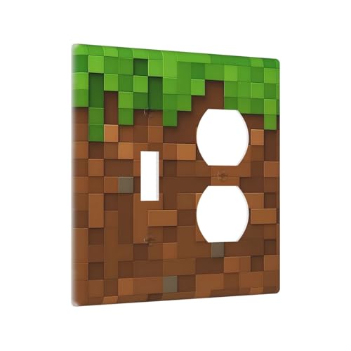 Pixel Style Gamer Themed Grass Block Wallplates 1 Toggle 1 Duplex Switch Plate Electrical GFCI Faceplate Decorative Light Switch Covers for Kids Room Office Home Decor - color: Pixel Miner Gamer Themed Grass Block, size: 1 Toggle 1 Duplex / 4.6 X 4.5 IN
