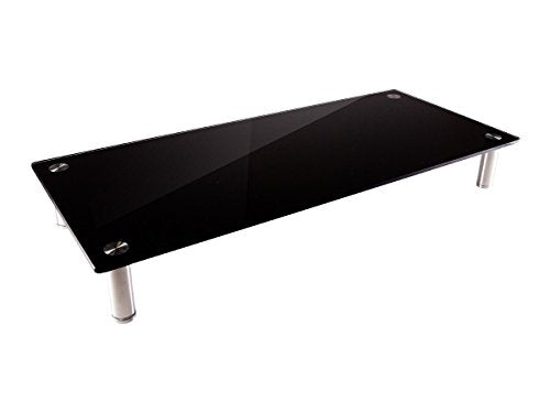 Monoprice Medium Multimedia Desktop Stand, Black Glass (27.6" x 12.2" x 3") - Stand & Riser, Laptop Stand, Desktop TV Stand, Dual Monitors w/ Height Adjustable Legs - Workstream Collection (116360), 25.6" x 11.0" - color: Black Glass, size: 25.6" x 11.0",