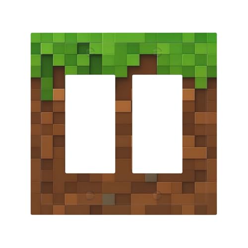 Pixel Style Gamer Themed Grass Block Decorative Outlet Covers 2 Gang Double GFCI Rocker Electrical Wall Panels Light Switch Cover Plate for Kids Room Office Home Decor - color: Pixel Miner Gamer Themed Grass Block, size: Double Rocker / 4.9 X 5 IN