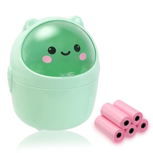Mini Trash Can, Cute Small Trash Can with Lid, Desktop Paper Bin with 5 Rolls of Bin Liners, Portable Tabletop Dustbin, Cartoon Animal Rubbish Storage for Office Bedroom Desk Kitchen(Green) - color: Green