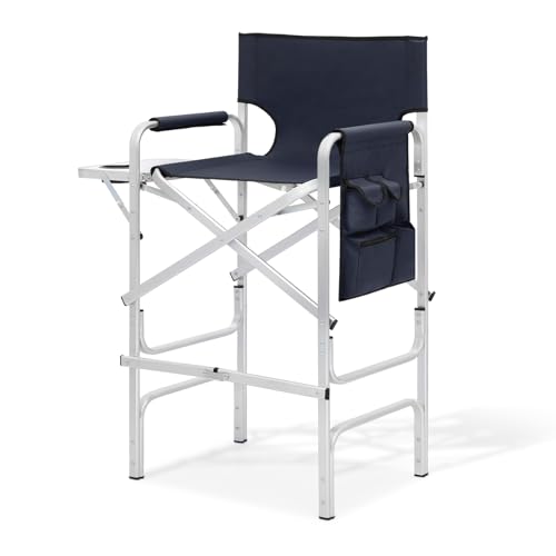 MoNiBloom 44.5'' Tall Makeup Artist Director Chair, Foldable Portable Aluminum Frame Folding Chair with Side Table, Cup Holder and Storage Pockets, 250 lbs Capacity, Navy Blue - color: Navy Blue, size: 23.5" x 17" x 44.5" (1 Pack)