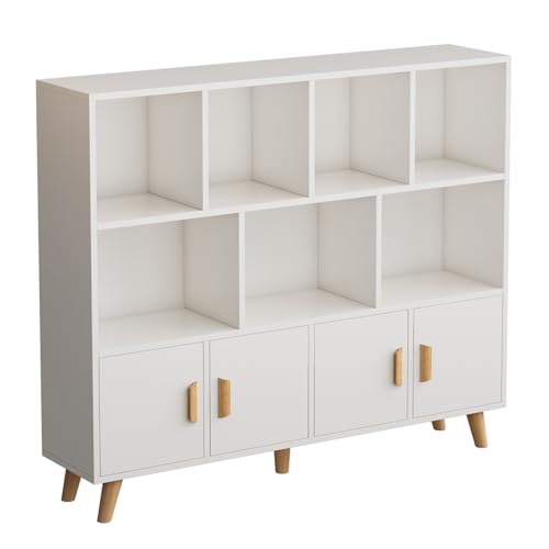 OSCHF Cubby Shelf Bookcase with Doors - Wooden 11 Cube Floor Standing Open Bookshelf with Solid Wood Legs, 3-Tier Storage Cabinet, Warm White - color: Warm White