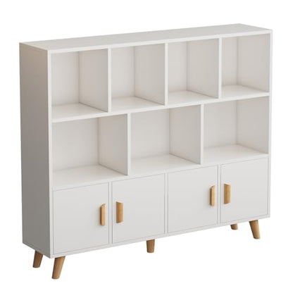 OSCHF Cubby Shelf Bookcase with Doors - Wooden 11 Cube Floor Standing Open Bookshelf with Solid Wood Legs, 3-Tier Storage Cabinet, Warm White - color: Warm White