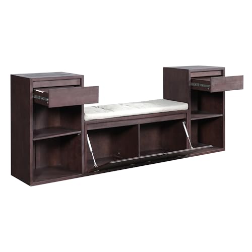 JIJIWANG 77.48" W Entryway Storage Bench with Cushion, 4-in-1 Hallway Bench with Drawers, Compartments and Open Shelves, Mudroom Bench for Shoes and Storage, Espresso - color: Espresso