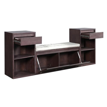 JIJIWANG 77.48" W Entryway Storage Bench with Cushion, 4-in-1 Hallway Bench with Drawers, Compartments and Open Shelves, Mudroom Bench for Shoes and Storage, Espresso - color: Espresso