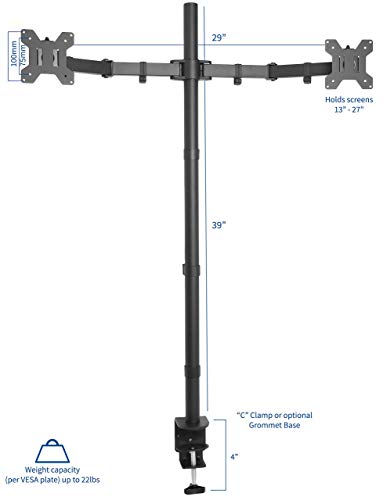 VIVO Dual Monitor Stand Up Desk Mount Extra Tall 39 inch Pole, Fully Adjustable Stand for up to 27 inch Screens, Black, STAND-V012 - size: 13" - 27" screens