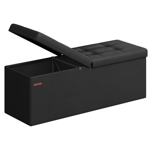 SONGMICS MAZIE Collection - 43 Inches Storage Ottoman Bench with Flipping Lid, Storage Chest with Iron Frame Support, Load 660 lb, for Living Room, Bedroom, Synthetic Leather, Black ULSF75BK - color: Black, size: 15"D x 43"W x 15"H