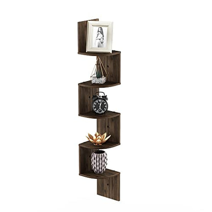 Furinno Rossi Wall Mount Floating Corner Shelf, 5-Tier Radial, Columbia Walnut - color: Columbia Walnut