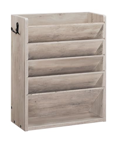 CHOEZON Wall File Organizer, 6-Tier Vertical Mount Hanging Holder with 2 Side Hooks, Modern Wooden Magazine Storage Holder with Bottom Tray, Desk Organizer, for Office, Home, Greige MWJ01FH - color: Greige, size: 6-Tier