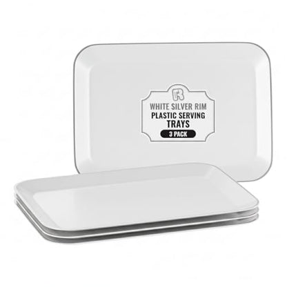 3 Pack Silver Plastic Serving Trays for Party - Silver Rim Serving Tray 8 x 11 Inch - Heavy Duty Dessert Trays for Food - Rectangular Party Serving Trays for Entertaining - color: White and Silver Rim