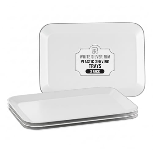 3 Pack Silver Plastic Serving Trays for Party - Silver Rim Serving Tray 8 x 11 Inch - Heavy Duty Dessert Trays for Food - Rectangular Party Serving Trays for Entertaining - color: White and Silver Rim