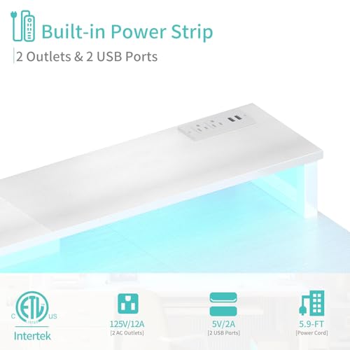 Lufeiya Gaming Desk with LED Lights and Power Outlets, 47 Inch Home Office Desks with Keyboard Tray, White Computer Desk with File Drawers Cabinet, Writing Table PC Desks with Monitor Stand, White - color: White