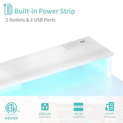 Lufeiya Gaming Desk with LED Lights and Power Outlets, 47 Inch Home Office Desks with Keyboard Tray, White Computer Desk with File Drawers Cabinet, Writing Table PC Desks with Monitor Stand, White - color: White
