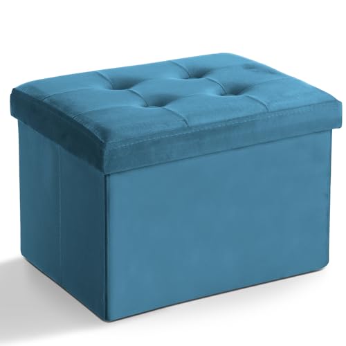 LINMAGCO Storage Ottoman Folding Foot Stool Velvet Foot Rest with Padded Modern Ottoman with Storage for Living Room Puppy Step Stool 17x13x13in(Blue) - color: Blue(velvet), size: 13"D x 17"W x 13"H