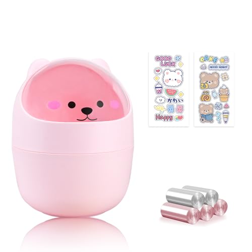 Cute Desktop Tiny Trash Can with Flip Lid, Creative Kawaii Bear Mini Wastebasket, Portable Countertop Dustbin for Office Kitchen Vanity Tabletop Bedroom (Pink) - color: Pink